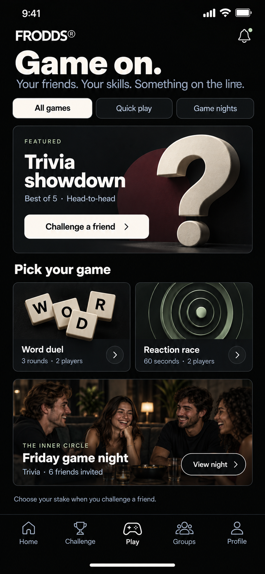 FRODDS Play screen featuring trivia, word games and group game night